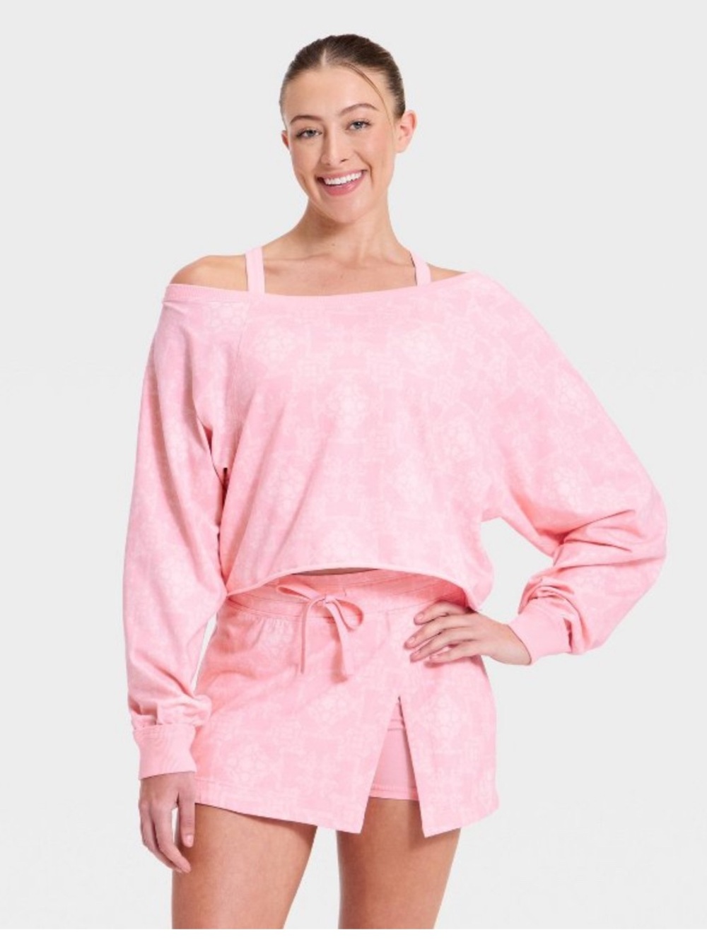 JoyLab Washed Jersey Off The Shoulder Cropped Long Sleeve Top & Slit Skort Set